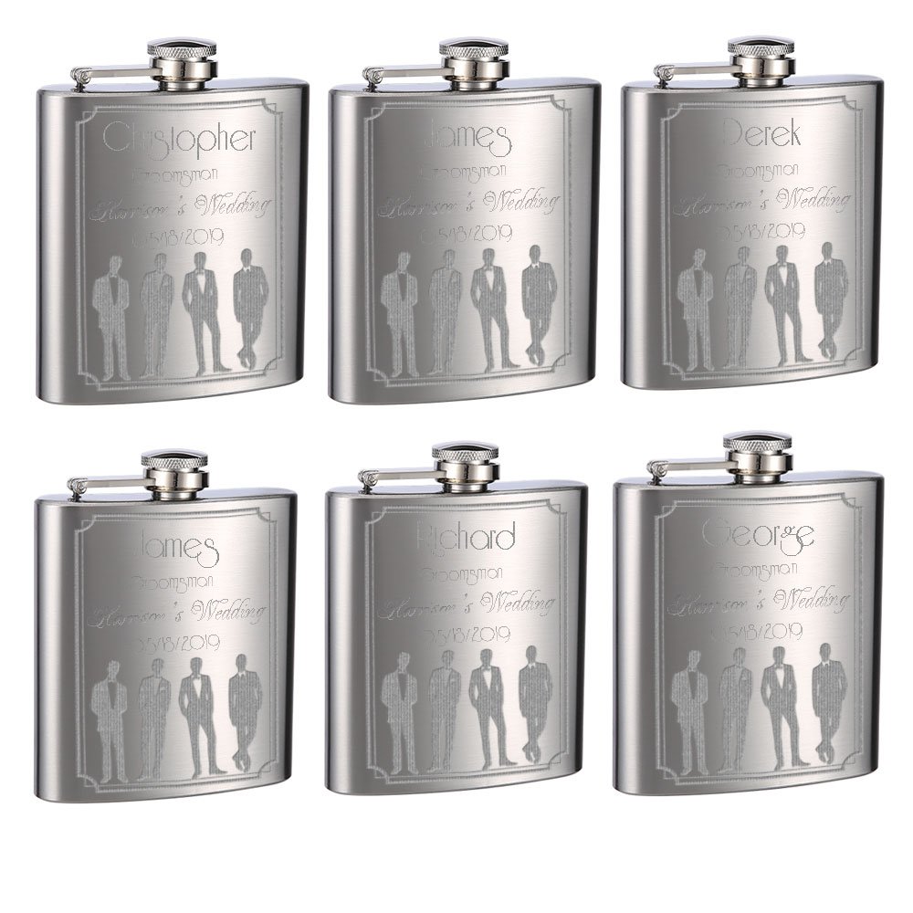 ''WEDDING Flasks for Groomsmen and Groom, 6 Pack of 6oz Flasks, Personalized''